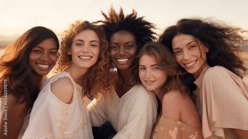 Obraz premium Group of diverse women posing outdoor, multiculturalism, inclusivity, Multiethnic, smile, happy. Beautiful natural diversity people