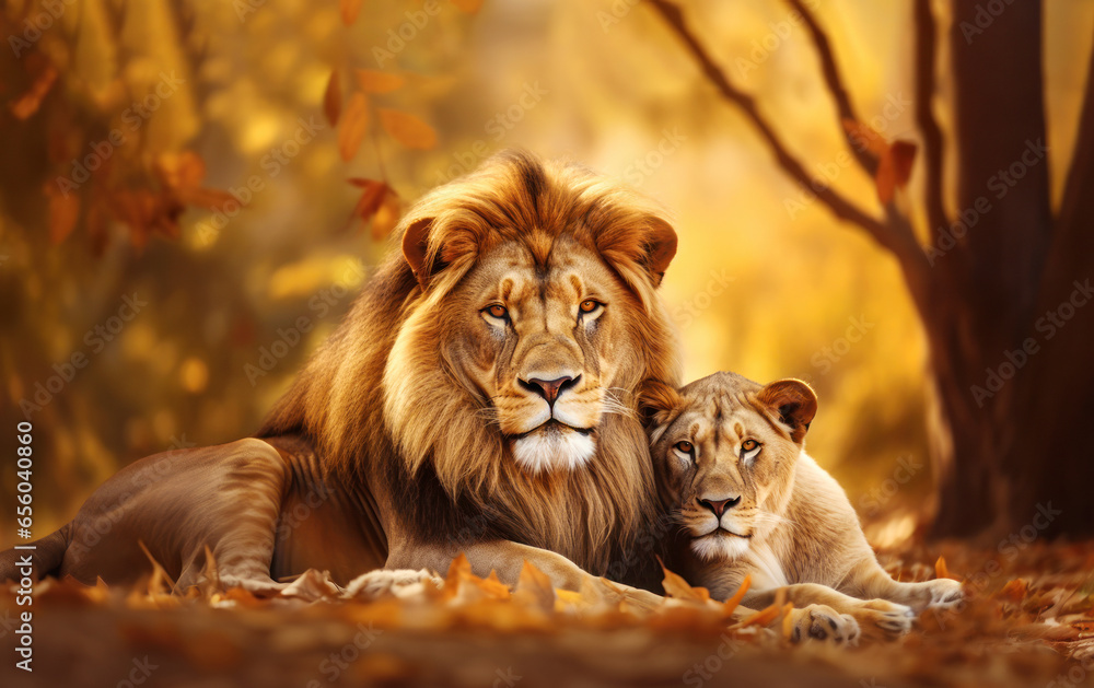 Cute portrait of a male lion and female lioness - obrazy, fototapety, plakaty 