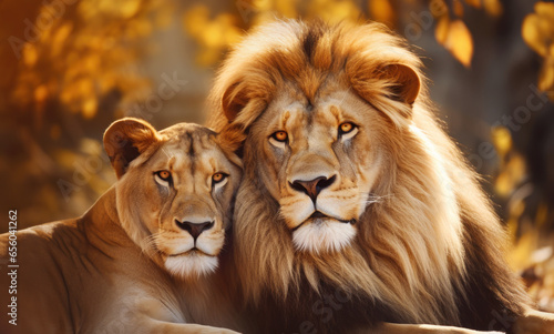 Cute portrait of a male lion and female lioness
