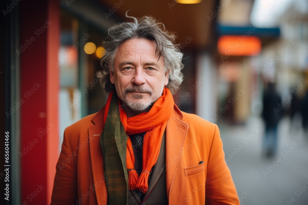 Portrait of senior man wearing orange coat and scarf walking in the city. Portrait of senior man wearing orange coat and scarf walking in the city.