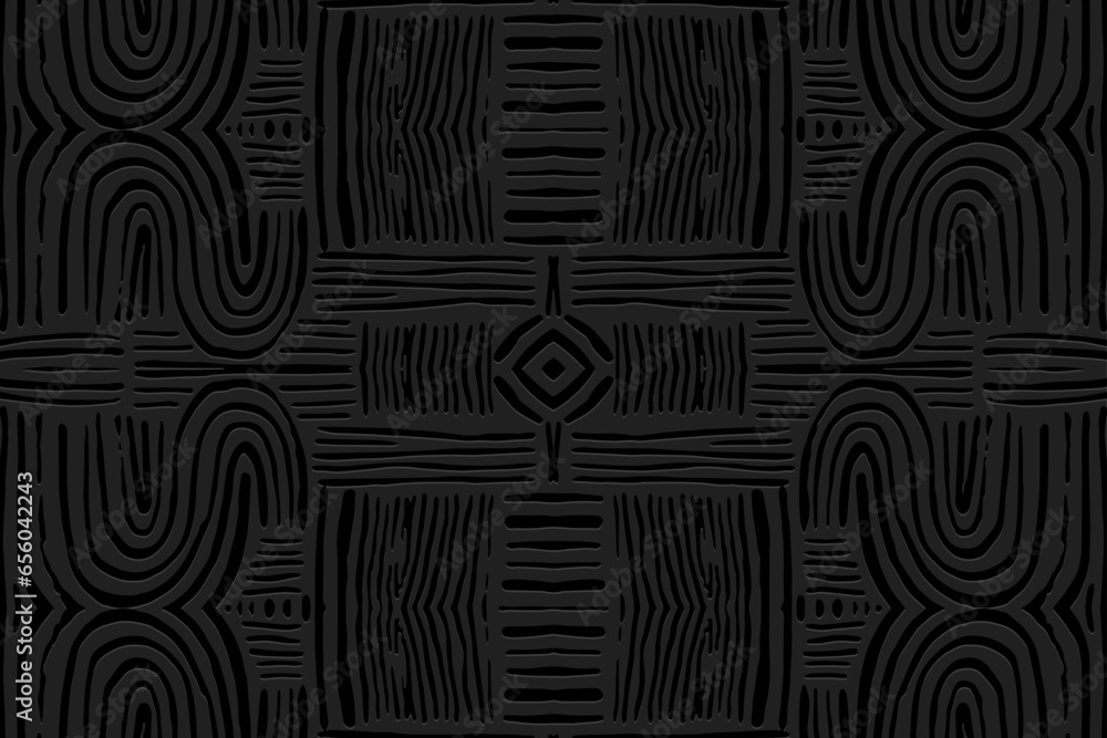 Embossed black background, cover design, boho style. Geometric ethnic 3D pattern, press paper, leather. Handmade, minimalism. Abstract unique painting of the East, Asia, India, Mexico, Aztec, Peru.