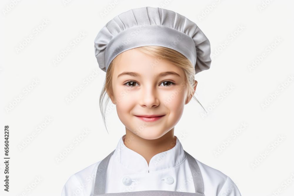 A young girl dressed in a chef's hat and apron, ready to cook up something delicious. This image can be used to depict cooking, baking, culinary skills, or children's activities. A young girl dressed in a chef's hat and apron, ready to cook up something delicious. This image can be used to depict cooking, baking, culinary skills, or children's activities.