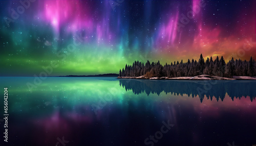 Aurora borealis lake snowy trees mountains. Created with Generative AI © Yevhen