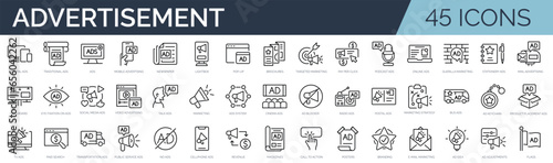 Set of 45 outline icons related to advertisiment, marketing, ads. Linear icon collection. Editable stroke. Vector illustration