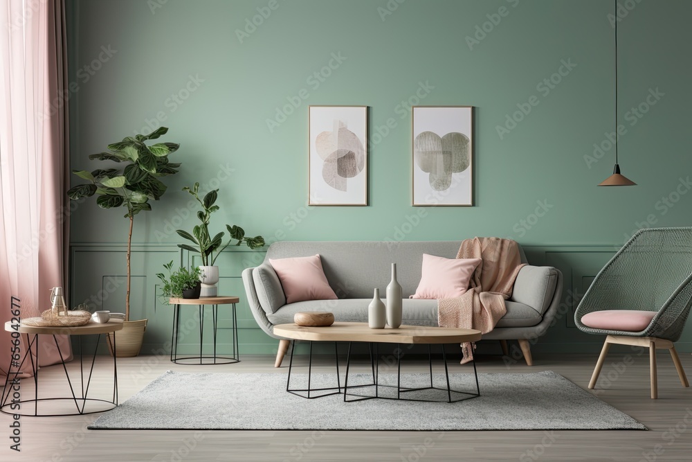 The interior of the living room with a sofa, armchairs and a table The interior of the living room with a sofa, armchairs and a table