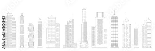 Collection of outline skyscrapers isolated on white background. Set of business center in big city.  Skyscraper, commercial building and offices drawing in linear flat design. Vector illustraiton.