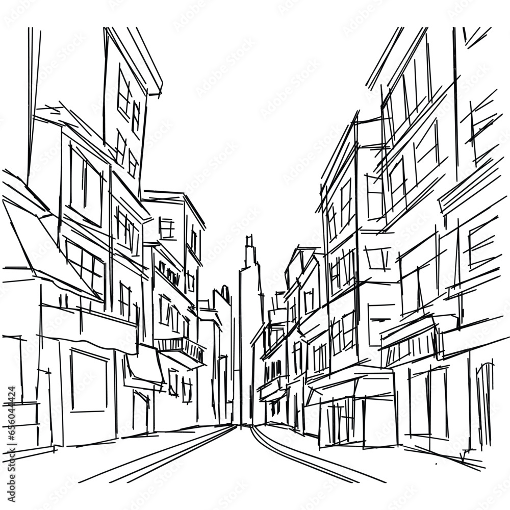 Hand drawn street sketch. Street city drawing. Vector illustration. Square composition.