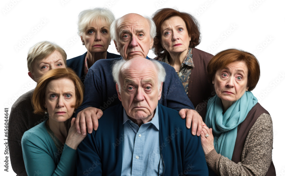 group of sad upset strict disappointed old people pensioners, png file of isolated cutout object on transparent background.