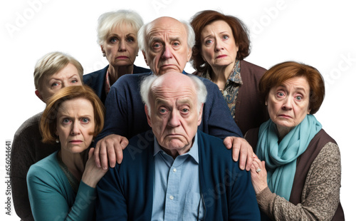 group of sad upset strict disappointed old people pensioners, png file of isolated cutout object on transparent background.