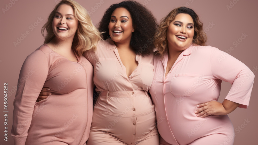 Group of beautiful plus size women posing in studio, body positivity, multiculturalism, inclusivity, Multiethnic, smile, happy, neutral pastel tones Group of beautiful plus size women posing in studio, body positivity, multiculturalism, inclusivity, Multiethnic, smile, happy, neutral pastel tones