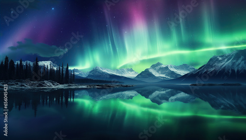 Aurora borealis lake snowy trees mountains. Created with Generative AI