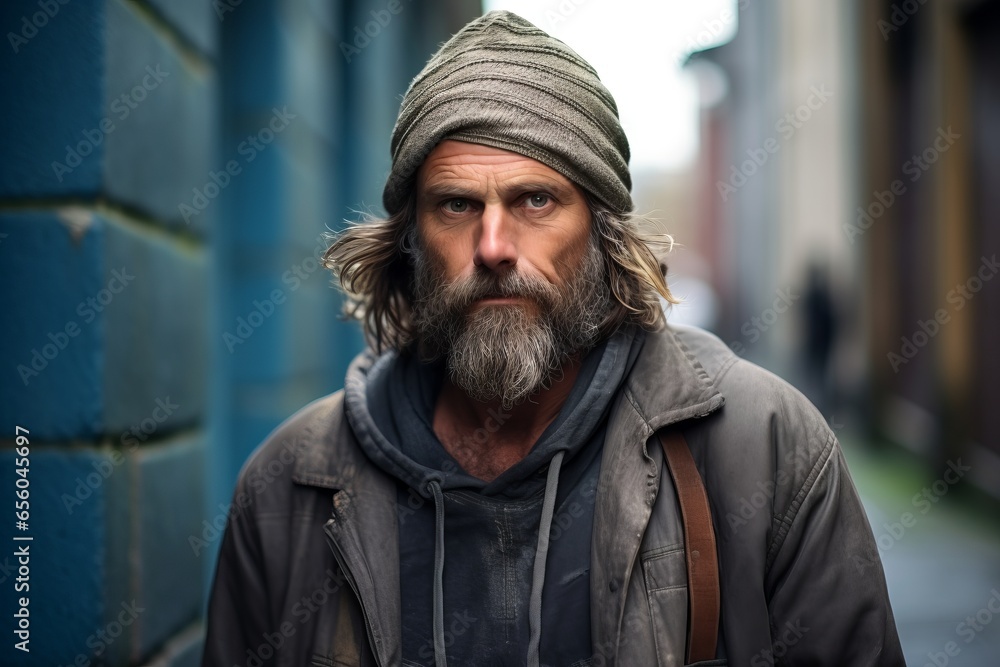 Portrait of a senior man with long gray beard and mustache wearing a hat and jacket on the street in the city Portrait of a senior man with long gray beard and mustache wearing a hat and jacket on the street in the city