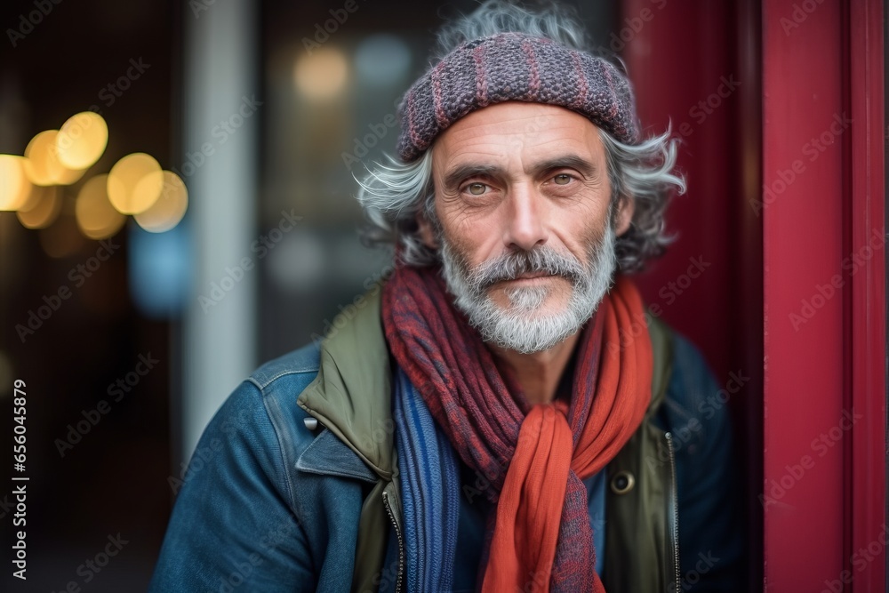 Portrait of a senior man with a gray beard and a red scarf on the street