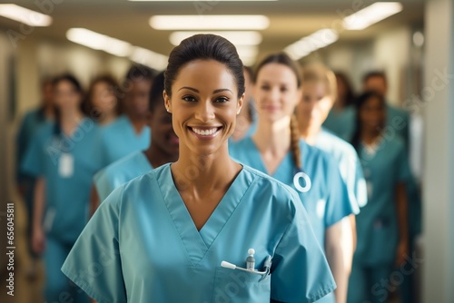 Healthcare Unity: Group of Nurses Gathered in a Hospital.