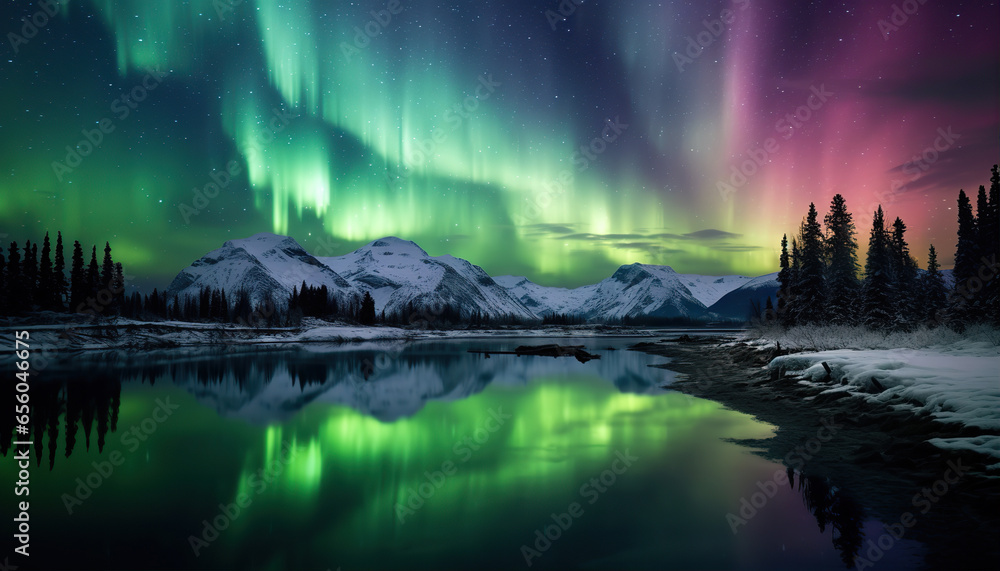 Aurora borealis lake snowy trees mountains. Created with Generative AI