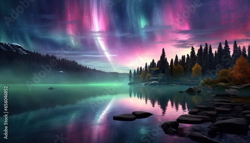 Aurora borealis lake snowy trees mountains. Created with Generative AI © Yevhen