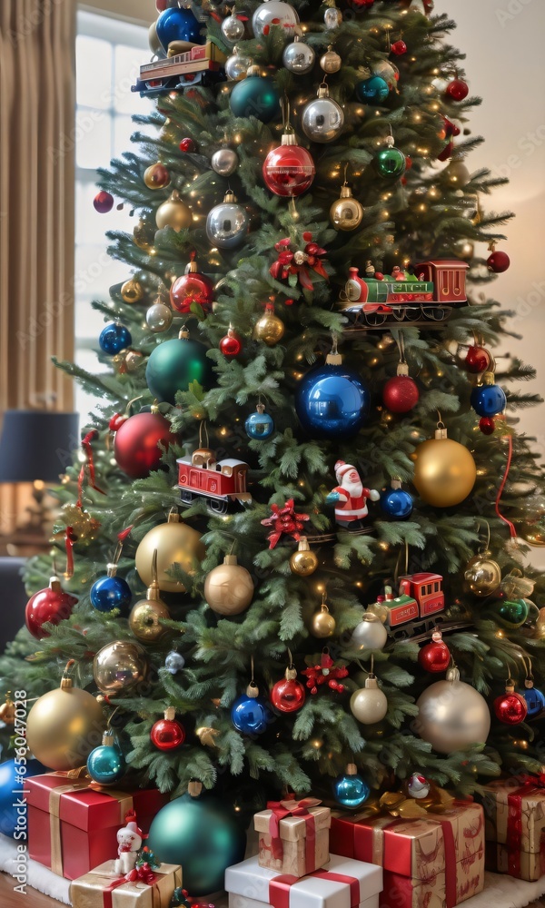 Photo Of Christmas Pine Tree Adorned With Toy Trains, Baubles, And Jingle Bells In A Festive Living Room