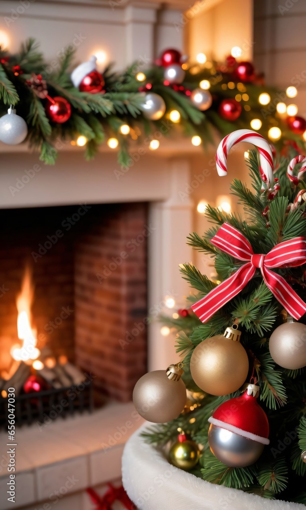 Photo Of Christmas Pine Tree Branches Decorated With Jingle Bells And Candy Canes Against The Soft Glow Of A Fireplace