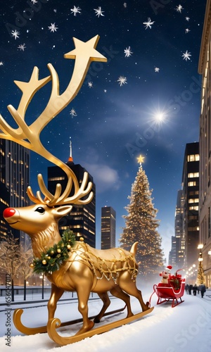 Photo Of Christmas Reindeer Pulling A Sleigh Filled With Golden Stars And Tinsel Over A City Skyline © Pixel Matrix