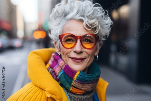 Portrait of senior woman in red sunglasses and scarf in the city