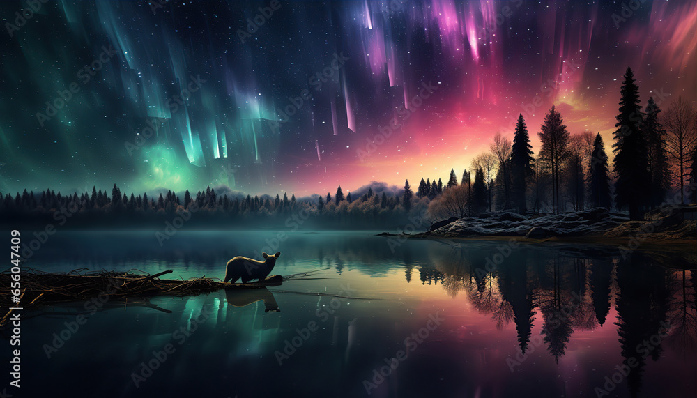 Aurora borealis lake snowy trees mountains. Created with Generative AI