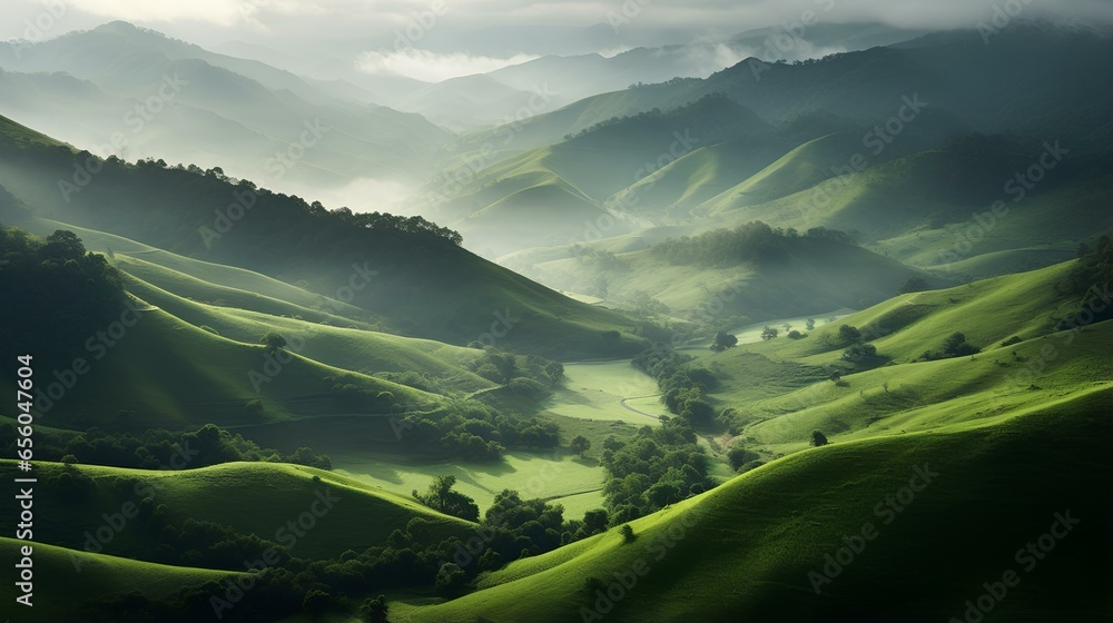 Bird's eye view of verdant rolling hills under a soft morning light. a beautiful and marvelous surreal landscape of nature. generative AI