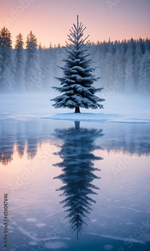 A Christmas Tree Reflection In A Frozen Lake, Surrounded By Snowy Landscape At Dawn.