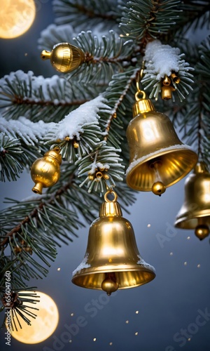 Frosty Pine Branches Adorned With Golden Bells, Under The Soft Glow Of Moonlight.