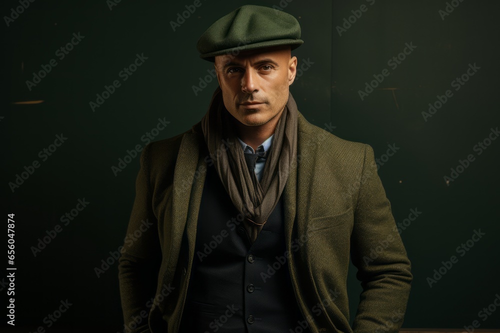 Portrait of a handsome man in beret and coat. Men's beauty, fashion.