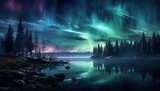 Aurora borealis lake snowy trees mountains. Created with Generative AI
