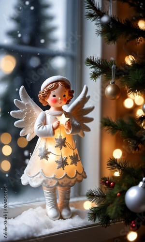 Photo Of Christmas Angel Ornament Beside A Snowy Window With Hanging Stockings, With The Soft Glow Of A Nearby Village