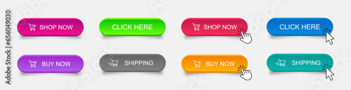 Shop now. Set of button shop now or buy now. Modern collection for web site. Vector illustration 10 eps.