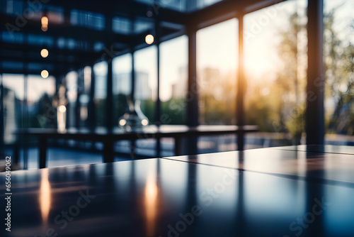 Beautiful blurred background of a light modern office interior with panoramic windows and beautiful lighting.