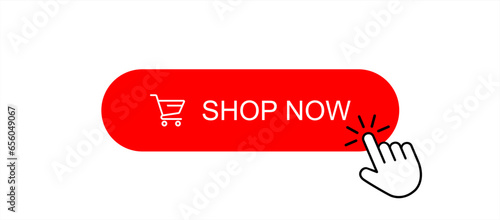 Shop now red button with hand cursor. Buy now hand pointer clicking. Click here banner with shadow. Click button isolated. Online shopping. Vector 10 eps.