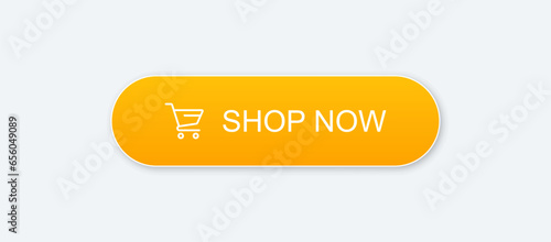 3d buy now orange button with hand cursor. Button hand pointer clicking. Click here banner with shadow. Click push button isolated. Online shopping. Vector 10 eps.