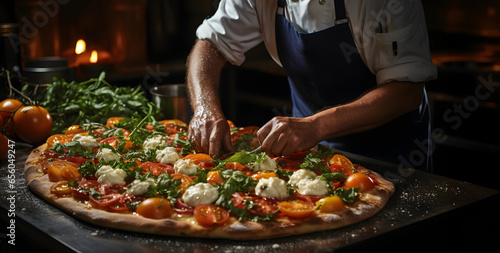  Delicious pizza being prepared by skilled chef at cozy restaurant.