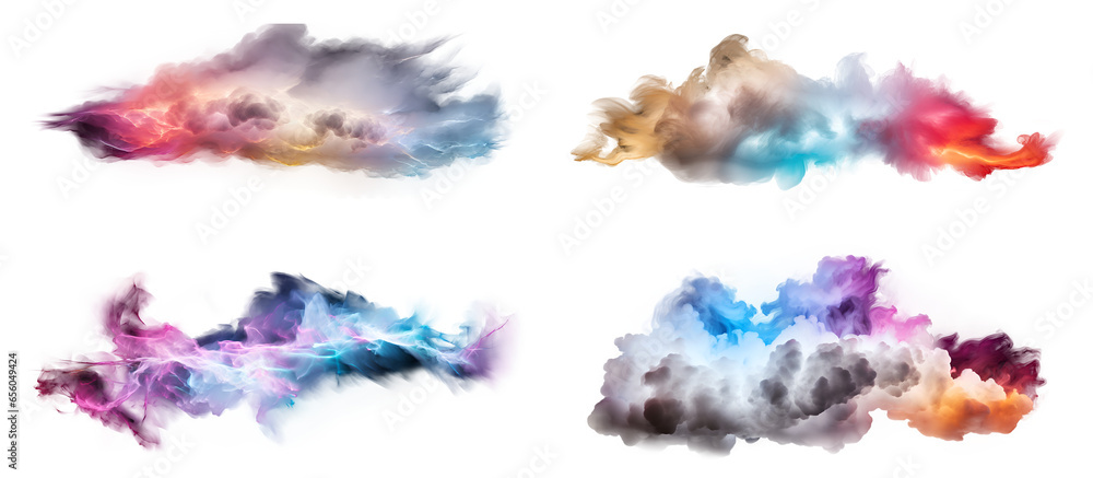 Abstract pattern of colorful fluffy clouds on transparent background. Set of 3D realistic colored smoke. Generative AI