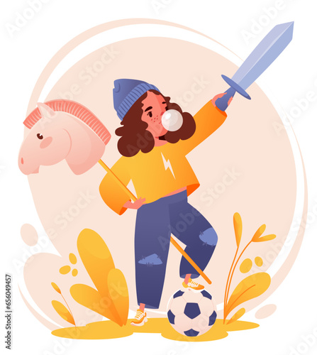 Child with no pronounced gender. Happy confident child playing with toys. Girl who prefers toys traditionally preferred by boys. Toys do not dictate gender of child. Vector cartoon illustration. 