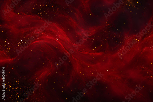 Red liquid with tints of golden glitters. Red background with a scattering of gold sparkles. Magic Galaxy of golden dust particles in red fluid with burgundy tints.