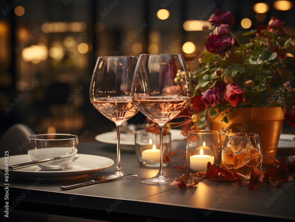  Indoor restaurant table set with elegant tableware and wine glass.