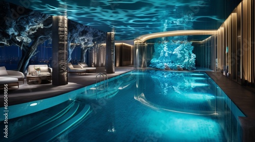 a hotel pool area with underwater LED lighting, showcasing the allure of aquatic illumination in hospitality design photo