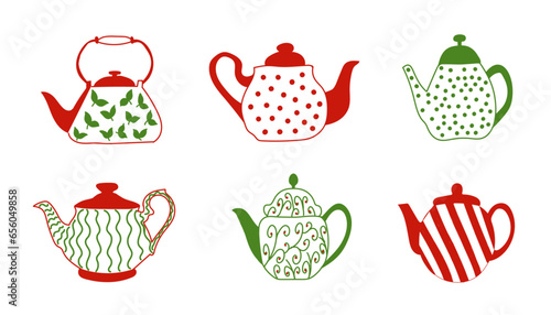 set of teapots, vector illustration, colorful teapots with patterns