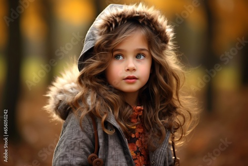 Portrait of a beautiful little girl in autumn forest. Autumn fashion. © Iigo