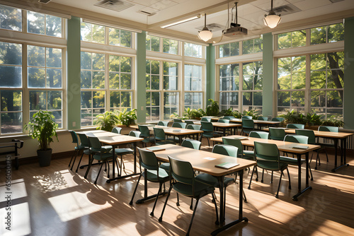 Empty classroom with tables, chairs, and large windows. © mitarart