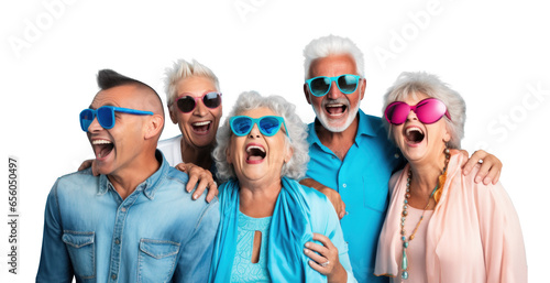 diversified group of happy old people on party, png file of isolated cutout object on transparent background.