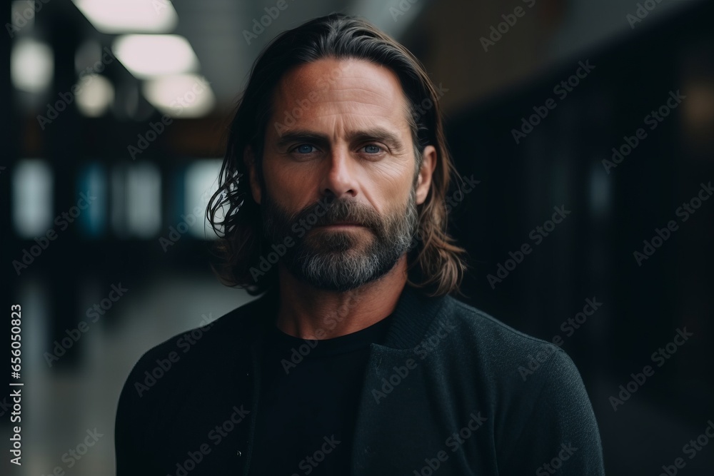 Portrait of a handsome middle-aged man with long dark hair and beard. Portrait of a handsome middle-aged man with long dark hair and beard.