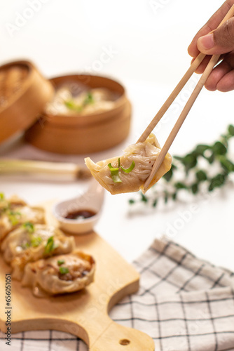 Original Japanese dumplings Gyoza with chicken and vegetables. Chopsticks holding Japanese Pan-fried gyoza 