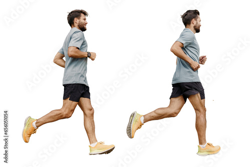 Athlete runner full-length interval training, sportswear and running shoes. A man running full-length. Collage from different sides of a person. Healthy and active lifestyle. Isolated background.