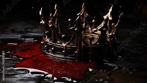 a bloody crown. pool of blood in a stone dungeon floor. royalty downfall. soaked and drenched in blood. evil and gory.  © ana