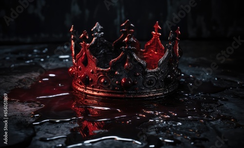 a royalty ornate crown laying on a puddle of blood. murder concept. downfall of a king, queen, prince or princess. 